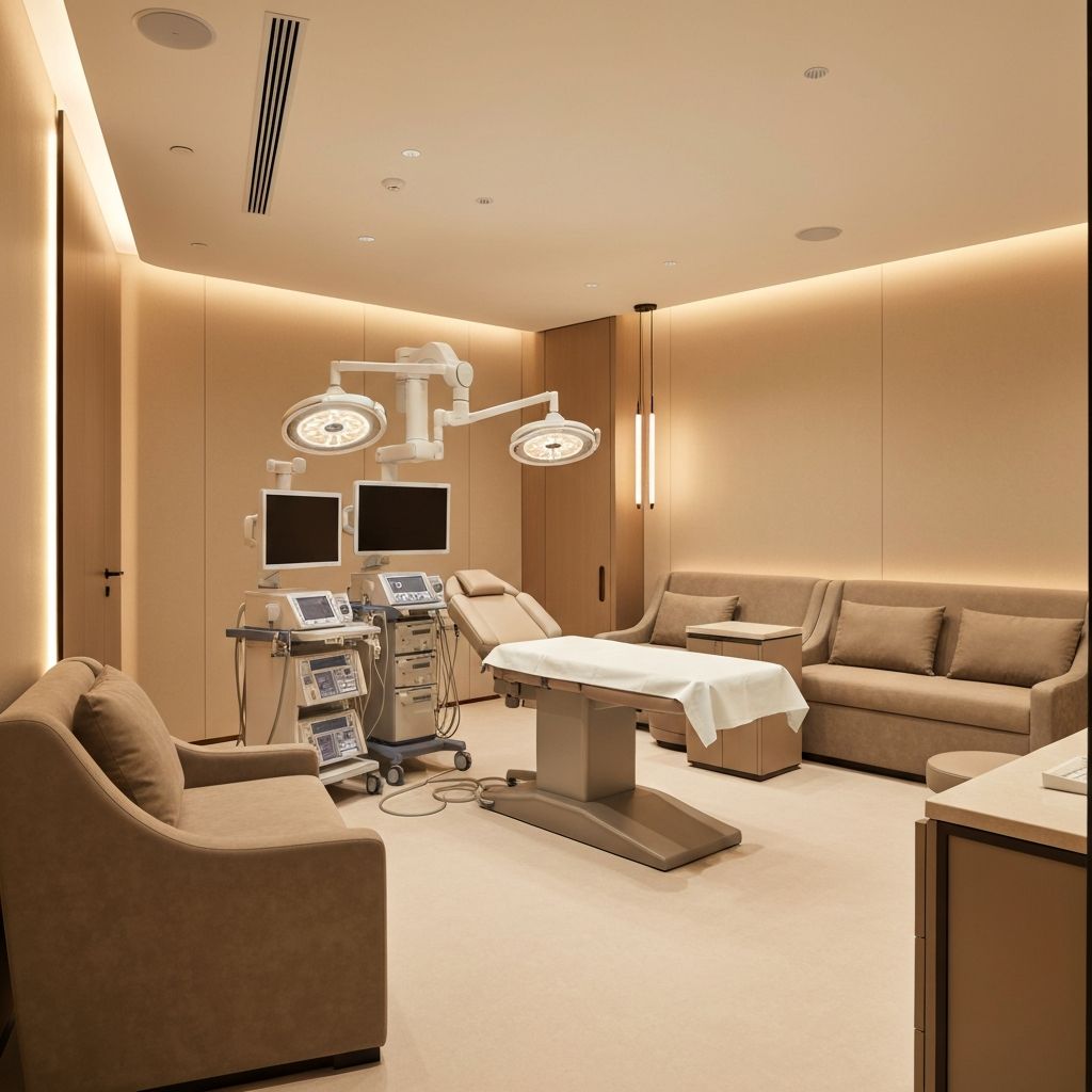 Interior premium de clínica estética moderna com iluminação quente e aconchegante