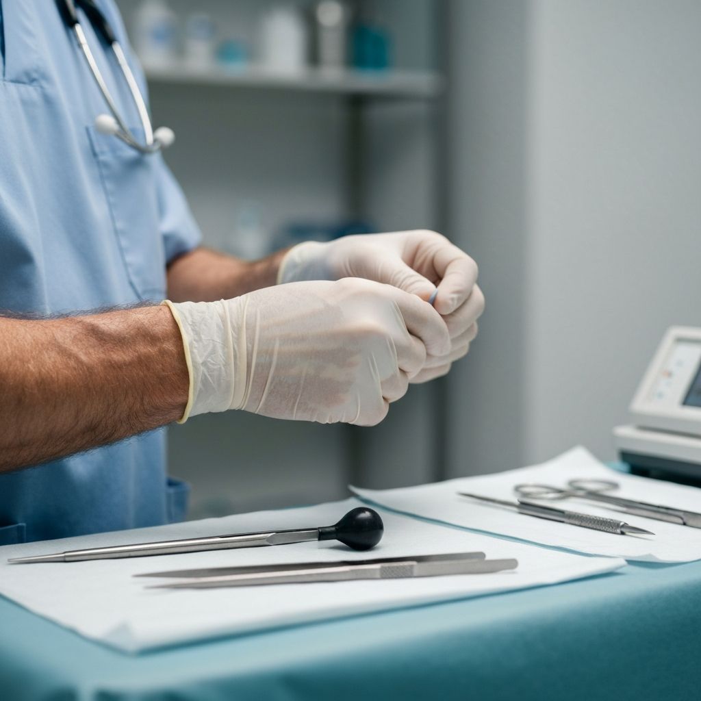 Mãos médicas profissionais com luvas estéreis preparando procedimento em ambiente clínico premium